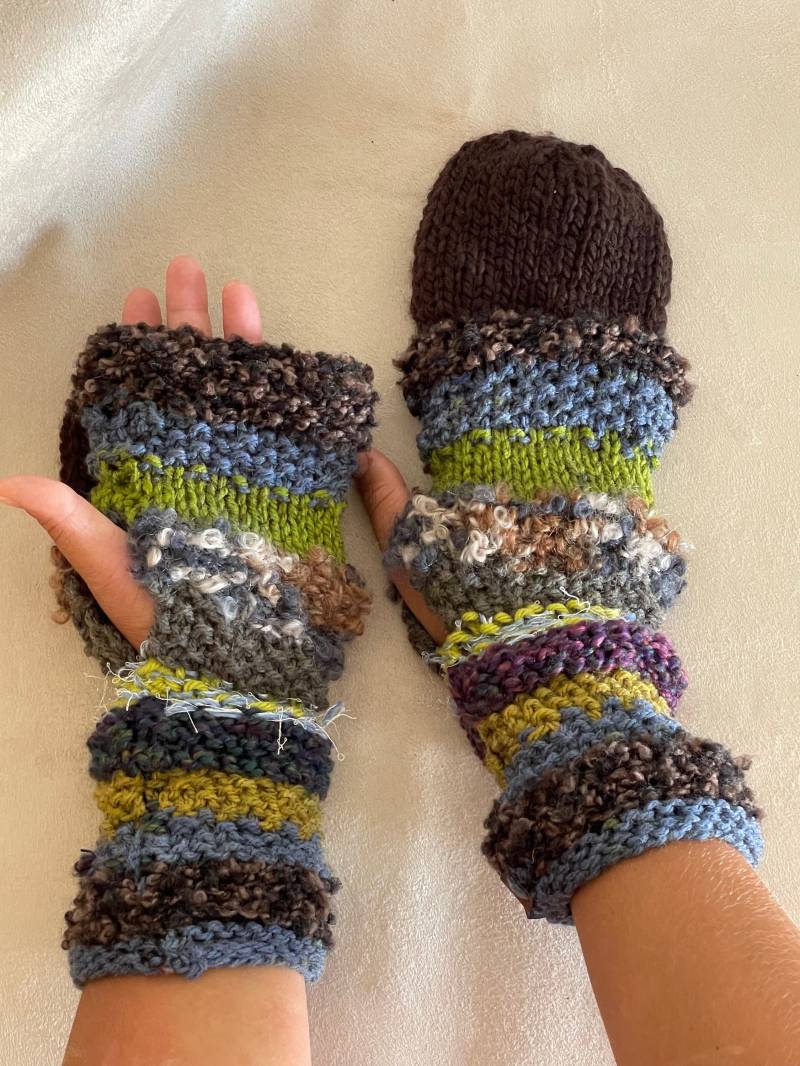 Bunte Gestreifte Cabrio Flip Top Fäustlinge Fingerlose Handschuhe von CoZZeeZ