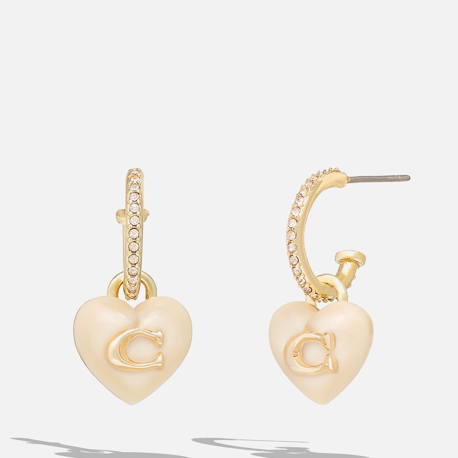 Coach Women's Signature C Heart Pearl Drop Gold Tone Huggie Earrings - Gold/White von Coach