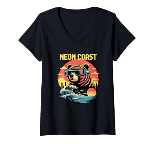 Damen Retro Küstenbär mit futuristischem Visier und Wellen T-Shirt mit V-Ausschnitt Damen Retro Küstenbär mit futuristischem Visier und Wellen T-Shirt mit V-Ausschnitt von Coastal Bear Club