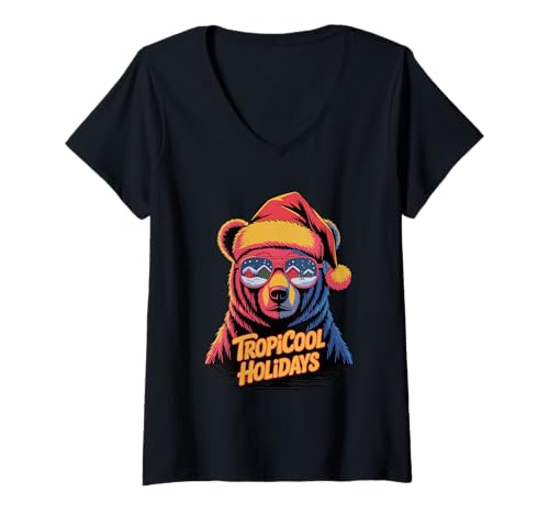 Damen Tropicool Holidays Sonnenbrille Bär mit Nikolausmütze T-Shirt mit V-Ausschnitt von Coastal Bear Club