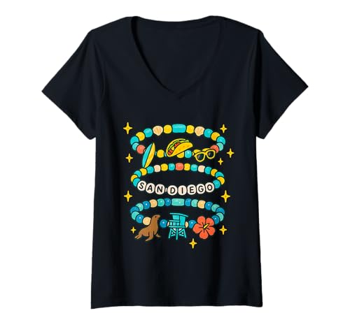 Damen San Diego Freundschaftsarmband Strand Ikonen T-Shirt mit V-Ausschnitt von Coastal Charm Beadworks