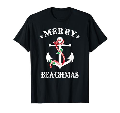 Coastal Christmas X Merry Beachmas Maritime Anker Strand Kreuzfahrt Weihnachten T-Shirt Schwarz Unisex-Erwachsene, Unisex-Kinder Crew Neck Kurzarm Klein Regulär EU 16.0 S von Coastal Christmas X