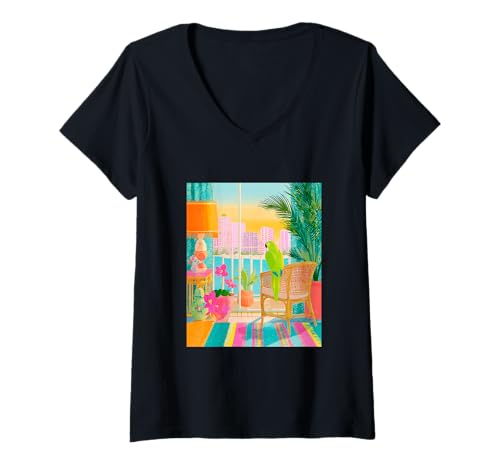 Damen Miami Parrot City Sonnenuntergang Tropische Ästhetik T-Shirt mit V-Ausschnitt Damen Miami Parrot City Sonnenuntergang Tropische Ästhetik T-Shirt mit V-Ausschnitt von Coastal Disco Aesthetic