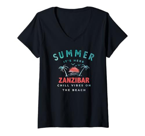 Damen Sansibar Chill Summer T-Shirt mit V-Ausschnitt von Coastal Dream Prints