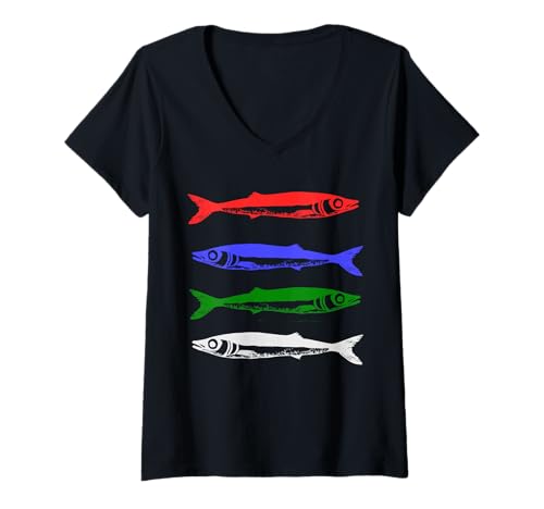 Damen Sardinen Fischverzinntes Damen-Sommer-Top zum Angeln T-Shirt mit V-Ausschnitt von Coastal Fisherman Tinned Sardines Apparel Co.