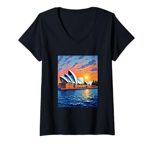Damen Sydney Opernhaus Sonnenuntergang Mosaik Vibe T-Shirt mit V-Ausschnitt von Coastal Glow Down Under