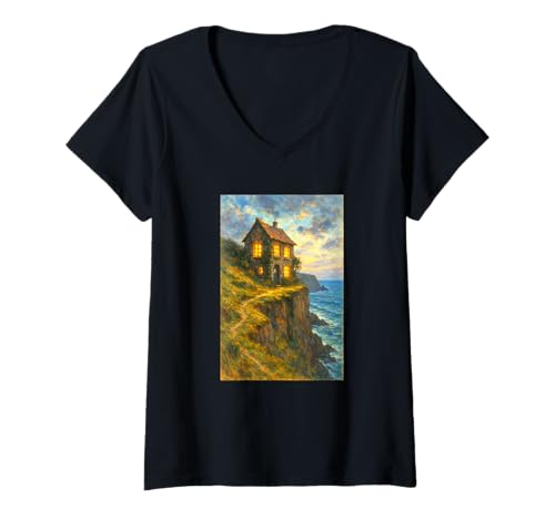 Damen Klippenhaus am Meer, Gemälde, Gemütliches Kunstwerk T-Shirt mit V-Ausschnitt Damen Klippenhaus am Meer, Gemälde, Gemütliches Kunstwerk T-Shirt mit V-Ausschnitt von Coastal Haven