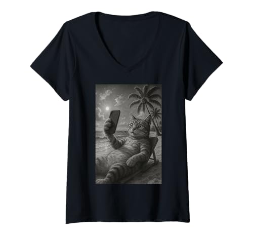 Damen Entspannte Selfie-Katze, die auf Strandkorb faulenzen T-Shirt mit V-Ausschnitt Damen Entspannte Selfie-Katze, die auf Strandkorb faulenzen T-Shirt mit V-Ausschnitt von Coastal Kitty
