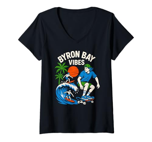 Damen Byron Bay Surfer Byron Bay Vibes Vintage Herren Surfs Up T-Shirt mit V-Ausschnitt von Coastal Living Byron Bay Surfs Up Beachy Vibes
