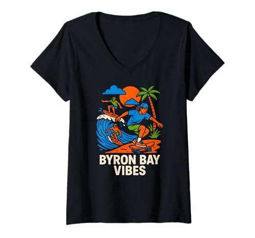 Damen Byron Bay Surfer Byron Bay Vibes Vintage Herren Surfs Up T-Shirt mit V-Ausschnitt von Coastal Living Byron Bay Surfs Up Beachy Vibes