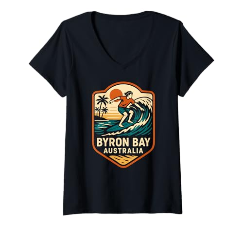Damen Surfer Byron Bay Australia Retro Herren Surfs Up T-Shirt mit V-Ausschnitt Damen Surfer Byron Bay Australia Retro Herren Surfs Up T-Shirt mit V-Ausschnitt von Coastal Living Byron Bay Surfs Up Beachy Vibes