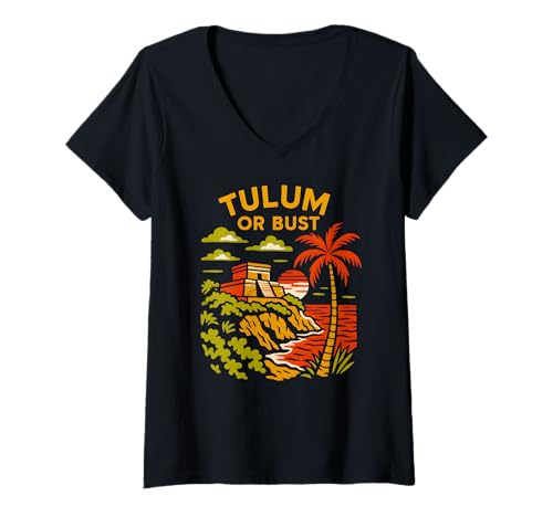 Damen Mexiko Tulum oder Büste Vintage Damen Strand Leben Palmen T-Shirt mit V-Ausschnitt Damen Mexiko Tulum oder Büste Vintage Damen Strand Leben Palmen T-Shirt mit V-Ausschnitt von Coastal Living Tulum Beach Surfs Up Skate Apparel