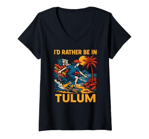 Damen Tulum Beach Id Rather Be In Tulum Vintage Damen Strandleben T-Shirt mit V-Ausschnitt Damen Tulum Beach Id Rather Be In Tulum Vintage Damen Strandleben T-Shirt mit V-Ausschnitt von Coastal Living Tulum Beach Surfs Up Skate Apparel