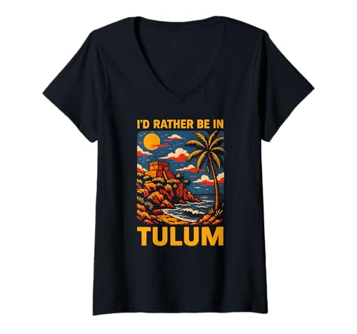 Damen Tulum Beach Id Rather Be In Tulum Vintage Damen Strandleben T-Shirt mit V-Ausschnitt Damen Tulum Beach Id Rather Be In Tulum Vintage Damen Strandleben T-Shirt mit V-Ausschnitt von Coastal Living Tulum Beach Surfs Up Skate Apparel