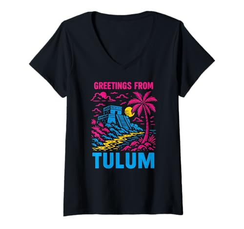 Damen Tulum Mexiko Viele Grüße von Tulum Vintage Womens Beach Life T-Shirt mit V-Ausschnitt Damen Tulum Mexiko Viele Grüße von Tulum Vintage Womens Beach Life T-Shirt mit V-Ausschnitt von Coastal Living Tulum Beach Surfs Up Skate Apparel