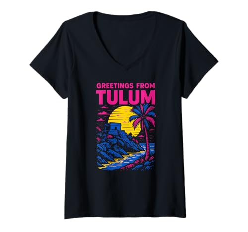 Damen Tulum Mexiko Viele Grüße von Tulum Vintage Womens Beach Life T-Shirt mit V-Ausschnitt Damen Tulum Mexiko Viele Grüße von Tulum Vintage Womens Beach Life T-Shirt mit V-Ausschnitt von Coastal Living Tulum Beach Surfs Up Skate Apparel