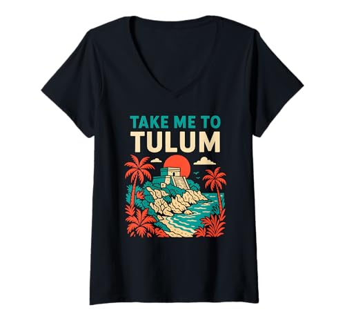 Damen Tulum Palm Trees Take Me to Tulum Retro Damen Strandleben T-Shirt mit V-Ausschnitt Damen Tulum Palm Trees Take Me to Tulum Retro Damen Strandleben T-Shirt mit V-Ausschnitt von Coastal Living Tulum Beach Surfs Up Skate Apparel