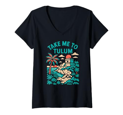 Damen Tulum Palm Trees Take Me to Tulum Retro Damen Strandleben T-Shirt mit V-Ausschnitt Damen Tulum Palm Trees Take Me to Tulum Retro Damen Strandleben T-Shirt mit V-Ausschnitt von Coastal Living Tulum Beach Surfs Up Skate Apparel