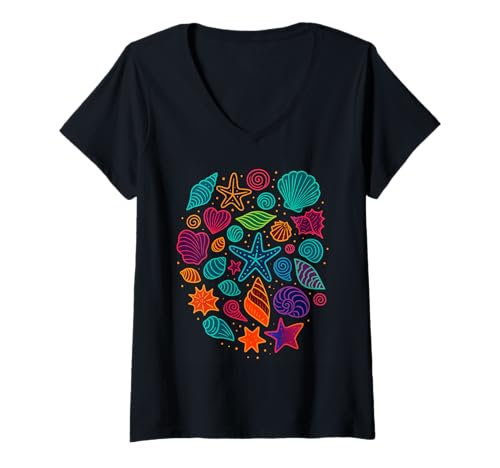 Damen Bunte Seestern-Muscheln, Muscheln, spiralförmig T-Shirt mit V-Ausschnitt von Coastal Mollusk Corals Collectible Apparel