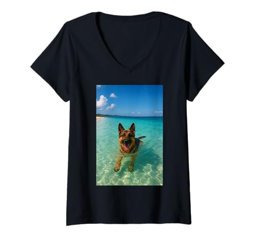 Damen Deutscher Schäferhund Schwimmen Ocean Beach T-Shirt mit V-Ausschnitt von Coastal Paws