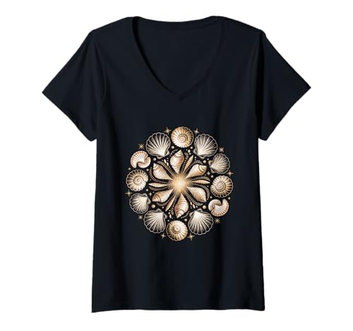 Damen Fibonacci Muschelmuster Ozean fraktale Geometrie Kunst T-Shirt mit V-Ausschnitt Damen Fibonacci Muschelmuster Ozean fraktale Geometrie Kunst T-Shirt mit V-Ausschnitt von Coastal Shelling Apparel for Fibonacci Art Lovers