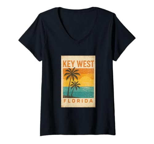 Damen Key West Florida Tropischer Vintage-Strand bei Sonnenuntergang T-Shirt mit V-Ausschnitt von Coastal Vibes Art