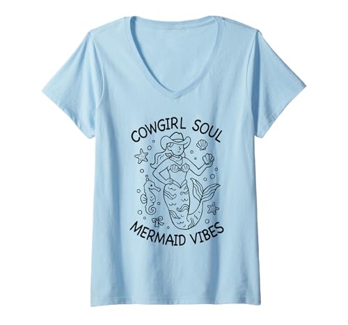 Damen Cowgirl Soul Mermaid Vibes Western Rodeo Country-Musik am Strand T-Shirt mit V-Ausschnitt von Coastal Western Rodeo Cowgirl Shirt Company