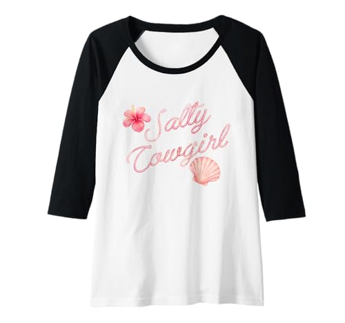 Damen Salty Cowgirl Pink Shell & Hibiscus Western Beach Muschel Raglan von Coastal Western Rodeo Cowgirl Shirt Company