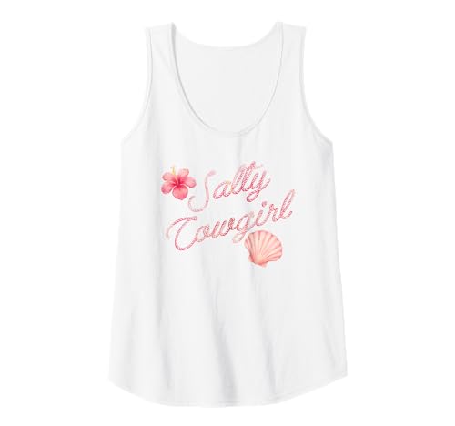 Damen Salty Cowgirl Pink Shell & Hibiscus Western Beach Muschel Tank Top von Coastal Western Rodeo Cowgirl Shirt Company