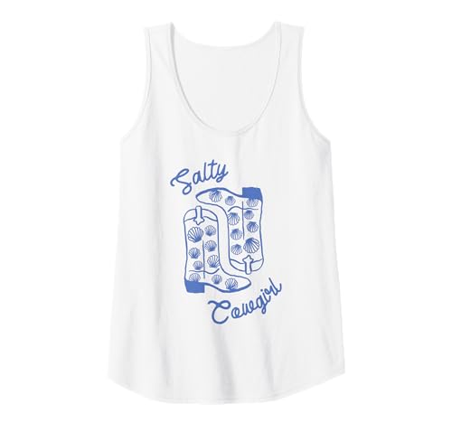 Damen Salty Cowgirl Westernstiefel mit Muscheln Küstengrafik Tank Top von Coastal Western Rodeo Cowgirl Shirt Company