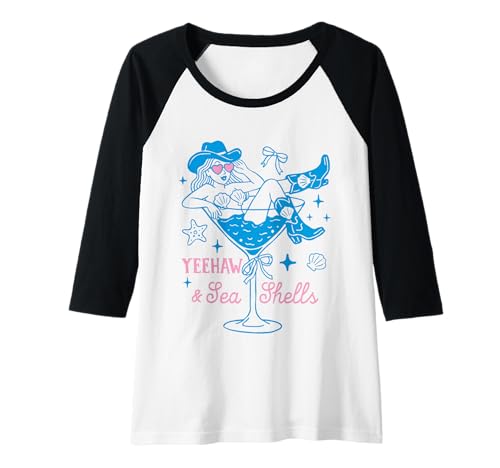 Damen Yeehaw and Sea Shells Cowgirl Coastal Western Beach Summer Raglan von Coastal Western Rodeo Cowgirl Shirt Company