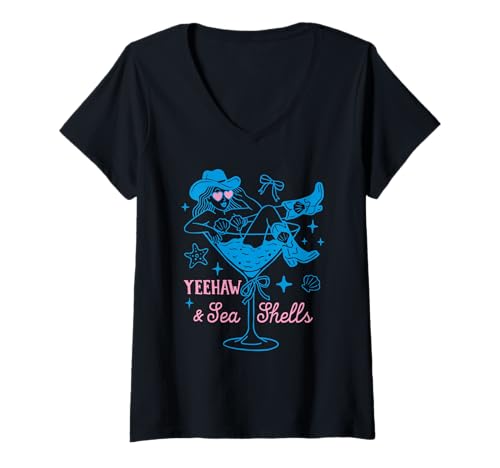 Damen Yeehaw and Sea Shells Cowgirl Coastal Western Beach Summer T-Shirt mit V-Ausschnitt von Coastal Western Rodeo Cowgirl Shirt Company