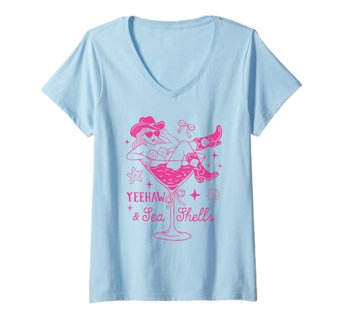 Damen Yeehaw and Sea Shells Cowgirl Coastal Western Beach Summer T-Shirt mit V-Ausschnitt von Coastal Western Rodeo Cowgirl Shirt Company
