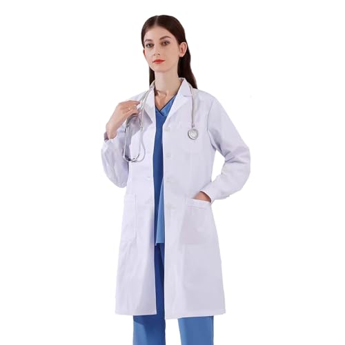 CoatCool Laborkittel Arztkittel Damen, Laborkittel Chemie Baumwolle Arztkittel Weiß Kittel Chemie Mantel für Damen, Labor Kittel Langarm Damen Labormantel mit Knöpfen für Studium Schule Cosplay, XL von CoatCool