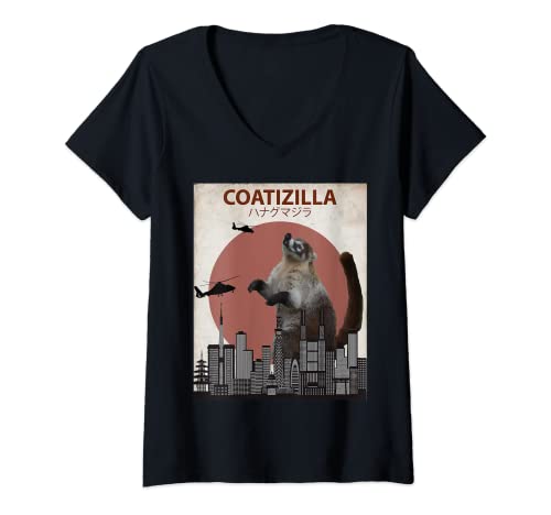 Damen Coatizilla Lustiges Coati T-Shirt | Cooles Coati Liebhaber Geschenk T-Shirt mit V-Ausschnitt von Coati Mundi Cute Animal Tee Shirts