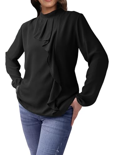 Cobciecs Damenblusen Langarm Elegant Hemdbluse Damen Stehkragen Chiffonbluse Business Schickes Oberteil Damen Elegant Festlich Blusenshirt Rüschenbluse Schwarz,XL von Cobciecs