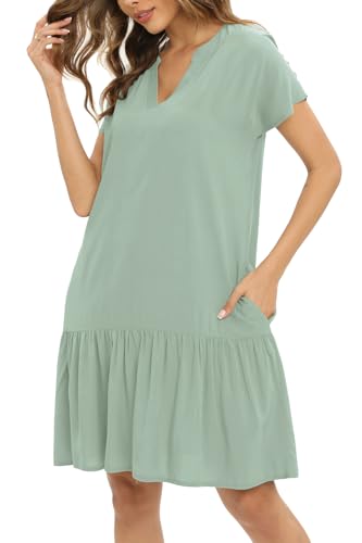 Cobciecs Blusenkleid Damen Sommer - Hemdblusenkleid Damen Sommerkleid Große Größen Hemdkleid Kleider Sommer Knielang mit Eingrifftaschen Lindgrün,XXL von Cobciecs