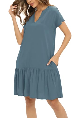 Cobciecs Blusenkleid Damen Sommer - Hemdblusenkleid Damen Sommerkleid Große Größen Hemdkleid Kleider Sommer Knielang mit Eingrifftaschen Graublau,M von Cobciecs