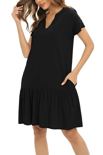 Cobciecs Blusenkleid Damen Sommer - Hemdblusenkleid Damen Sommerkleid Große Größen Hemdkleid Kleider Sommer Knielang mit Eingrifftaschen Schwarz,XL von Cobciecs