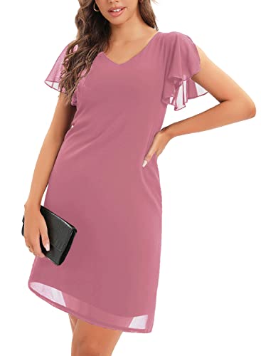 Cobciecs Chiffonkleid Damen Festlich Knielang Abendkleid Kurz Festkleid A Linie Kleid für Hochzeitsgäste Mit Volant ärmel Abend-Kleider Minikleid Altrosa,L von Cobciecs