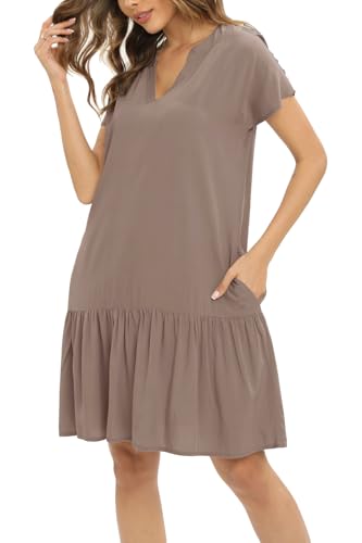 Cobciecs Blusenkleid Damen Sommer - Hemdblusenkleid Damen Sommerkleid Große Größen Hemdkleid Kleider Sommer Knielang mit Eingrifftaschen Dunkelbraun,XL von Cobciecs