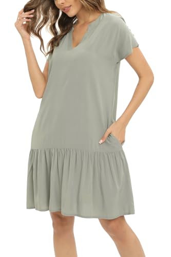 Cobciecs Blusenkleid Damen Sommer - Hemdblusenkleid Damen Sommerkleid Große Größen Hemdkleid Kleider Sommer Knielang mit Eingrifftaschen Khaki,3XL von Cobciecs