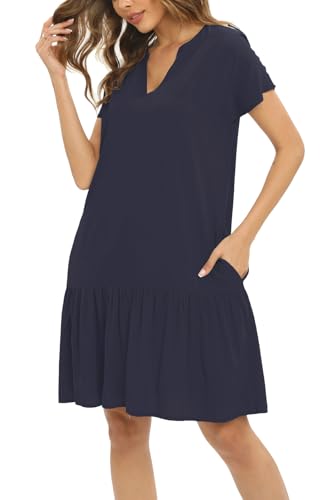 Cobciecs Blusenkleid Damen Sommer - Hemdblusenkleid Damen Sommerkleid Große Größen Hemdkleid Kleider Sommer Knielang mit Eingrifftaschen Marineblau,3XL von Cobciecs