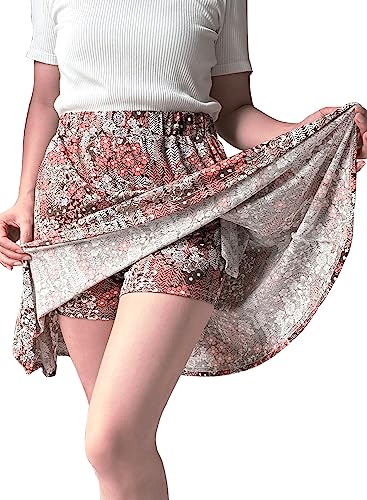 Cobciecs Hosenrock Damen Sommer Kurz Rock mit Short Integriert Wanderrock Fahrradrock Sommerrock Damen Kurz Stretch Minirock Braunblumen,XXL von Cobciecs