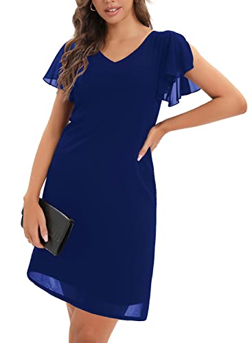 Cobciecs Chiffonkleid Damen Festlich Knielang Abendkleid Kurz Festkleid A Linie Kleid für Hochzeitsgäste Mit Volant ärmel Abend-Kleider Minikleid Blau,XXL von Cobciecs