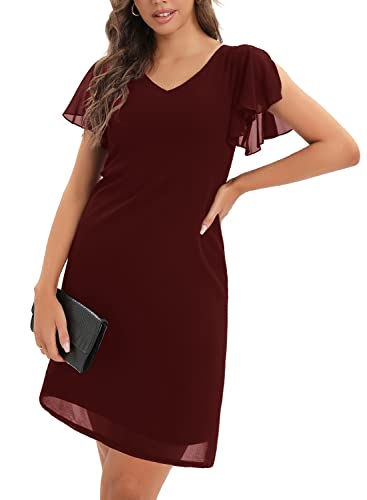 Cobciecs Chiffonkleid Damen Festlich Knielang Abendkleid Kurz Festkleid A Linie Kleid für Hochzeitsgäste Mit Volant ärmel Abend-Kleider Minikleid Weinrot,L von Cobciecs