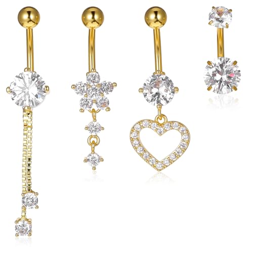 Cobee 4 Stück Bauchnabelpiercing Edelstahl, 10mm Chirurgenstahl Gold Bauchpiercing Piercing Bauchnabel Lang Schmuck mit Strass Anhänger für Frauen (4 Stile) von Cobee