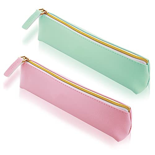 Cobee Federmäppchen, Leder, 2pcs, niedliche Federmäppchen, kleine Stifttasche, ästhetische Schreibwaren-Tasche, schöne Reißverschlusstasche, tragbare Kosmetiktasche, Organizer für Stifte (grün+rosa) von Cobee