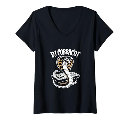 Damen DJ Cobracut Kobra Schlange Mit Plattenspieler Club Sound T-Shirt mit V-Ausschnitt Damen DJ Cobracut Kobra Schlange Mit Plattenspieler Club Sound T-Shirt mit V-Ausschnitt von Cobra DJ Musik Schlange Plattenspieler Mix