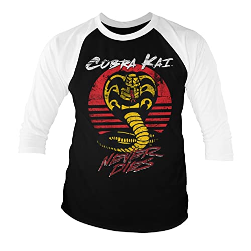Cobra Kai Offizielles Lizenzprodukt Never Dies Baseball 3/4 Ärmel T-Shirt (Weiß-Schwarz), Small von Cobra Kai